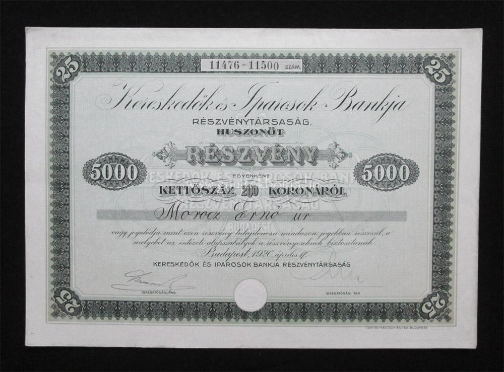 Kereskedk Iparosok Bankja rszvny 5000 korona 1920
